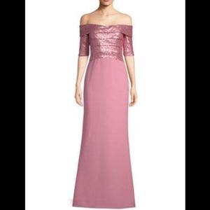 Rene Ruiz Off-the-Shoulder Sequin Rose EveningGown